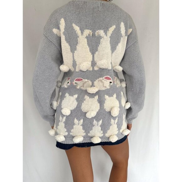 90s vintage bunny rabbit easter holiday novelty animal ugly hand knit sweater - Picture 4 of 8